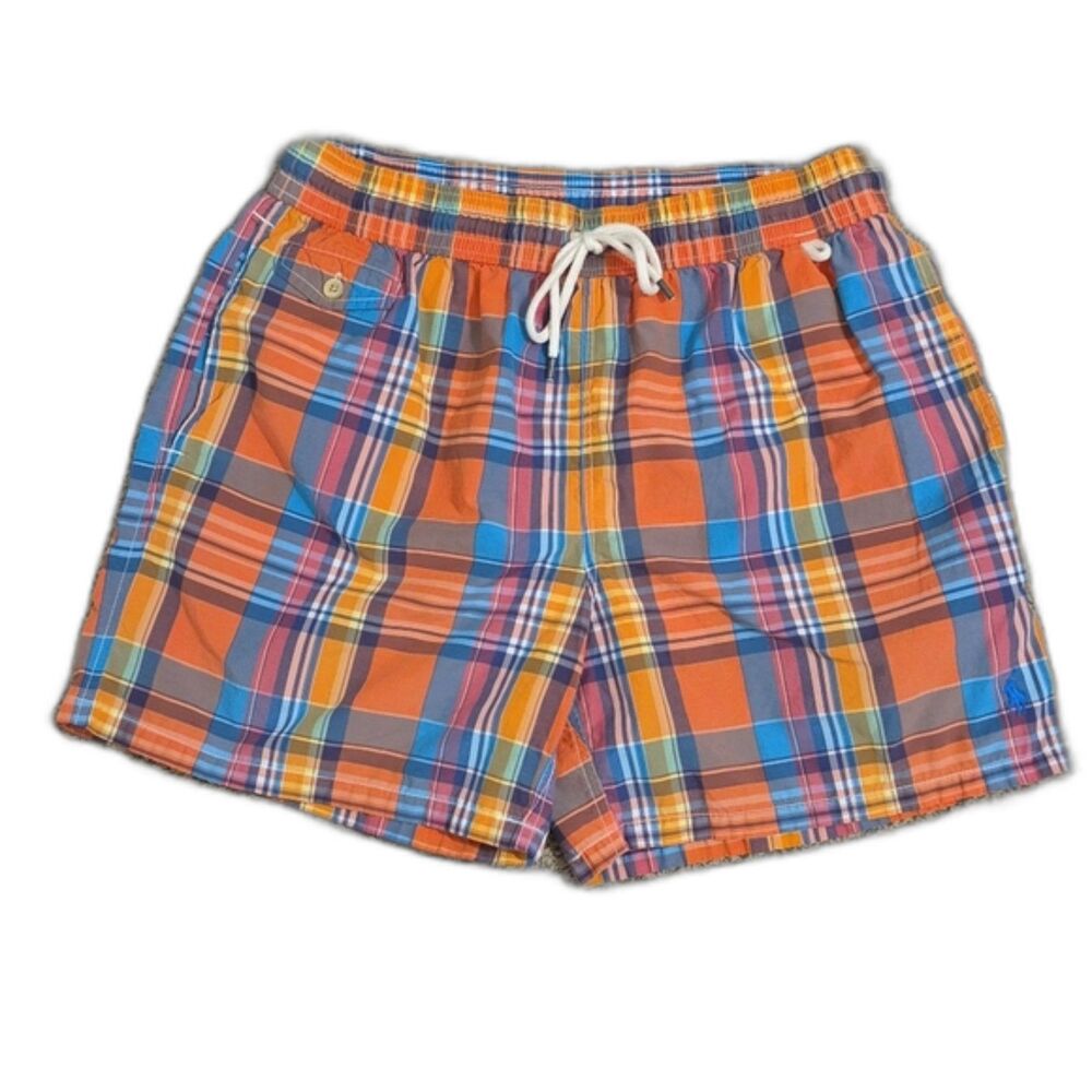 Polo Ralph Lauren Swim Shorts Trunks Men L Plaid Orange Blue Pony Logo Summer